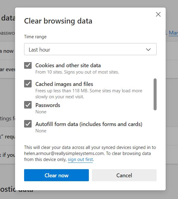 Clear browsing data on Microsoft Edge