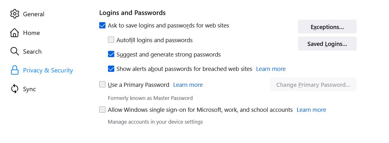Logins and passwords on firefox