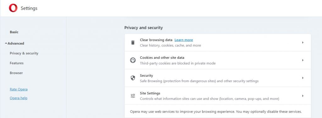 Clear browsing data via the menu in Opera